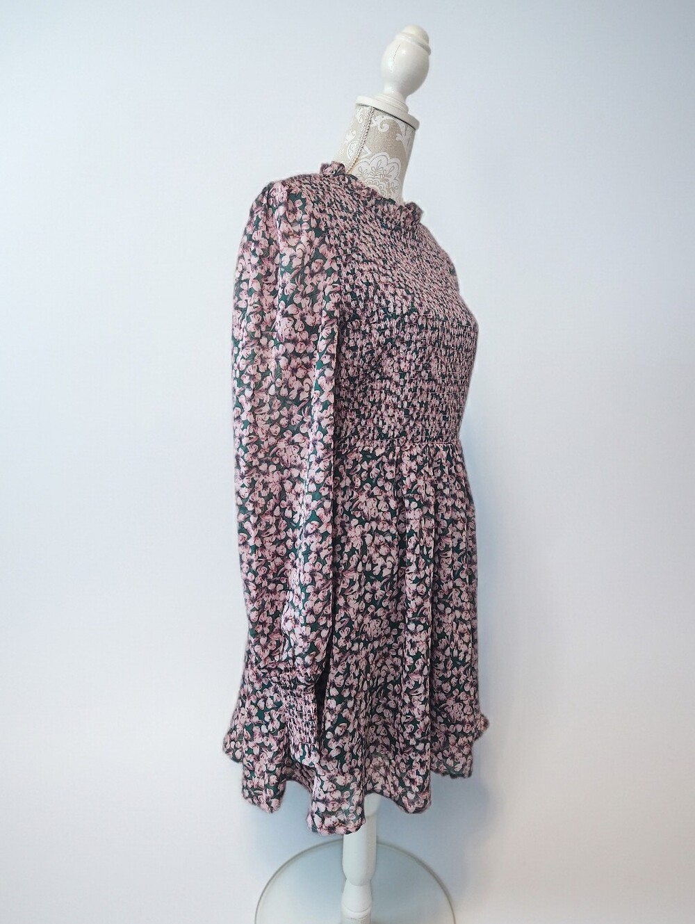 Lulu's Floral Forever Green & Pink Floral Print Smocked Skater Dress Size L